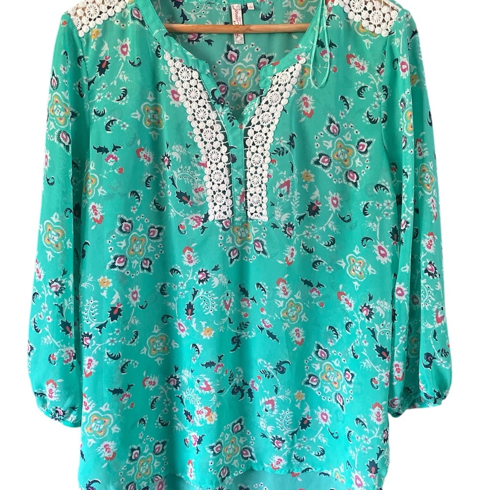 Red Camel Floral Green Blouse with Lace Detail